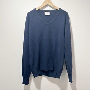 Thane 100% Cashmere V Neck Sweater Vintage Size Large XL Navy Blue Ribbed Hems